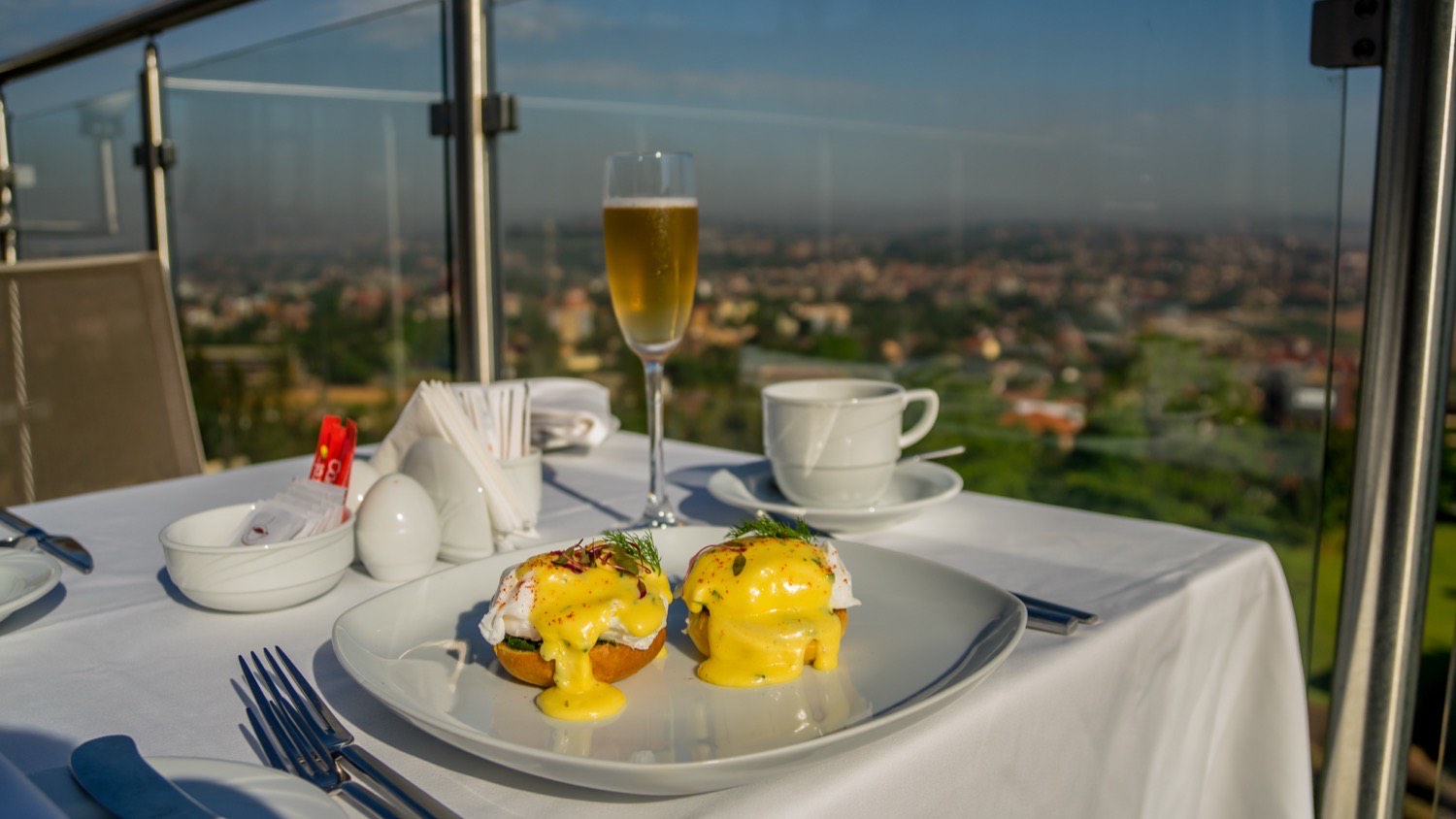 Rooftop dining table set with a city view