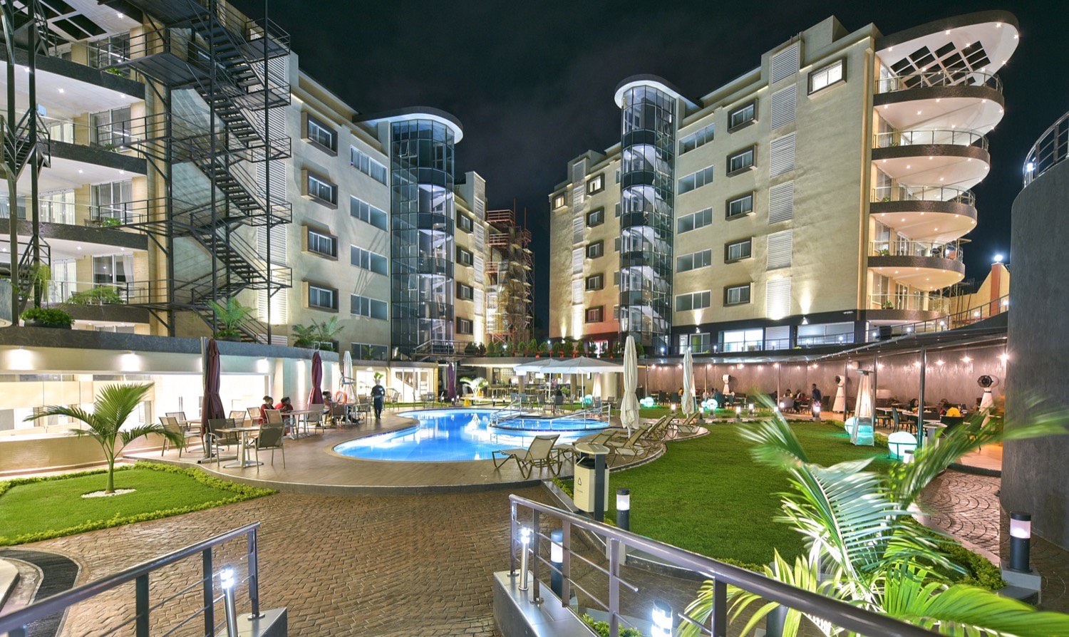 Aerial view of Skyz Hotel and the sun-deck pool