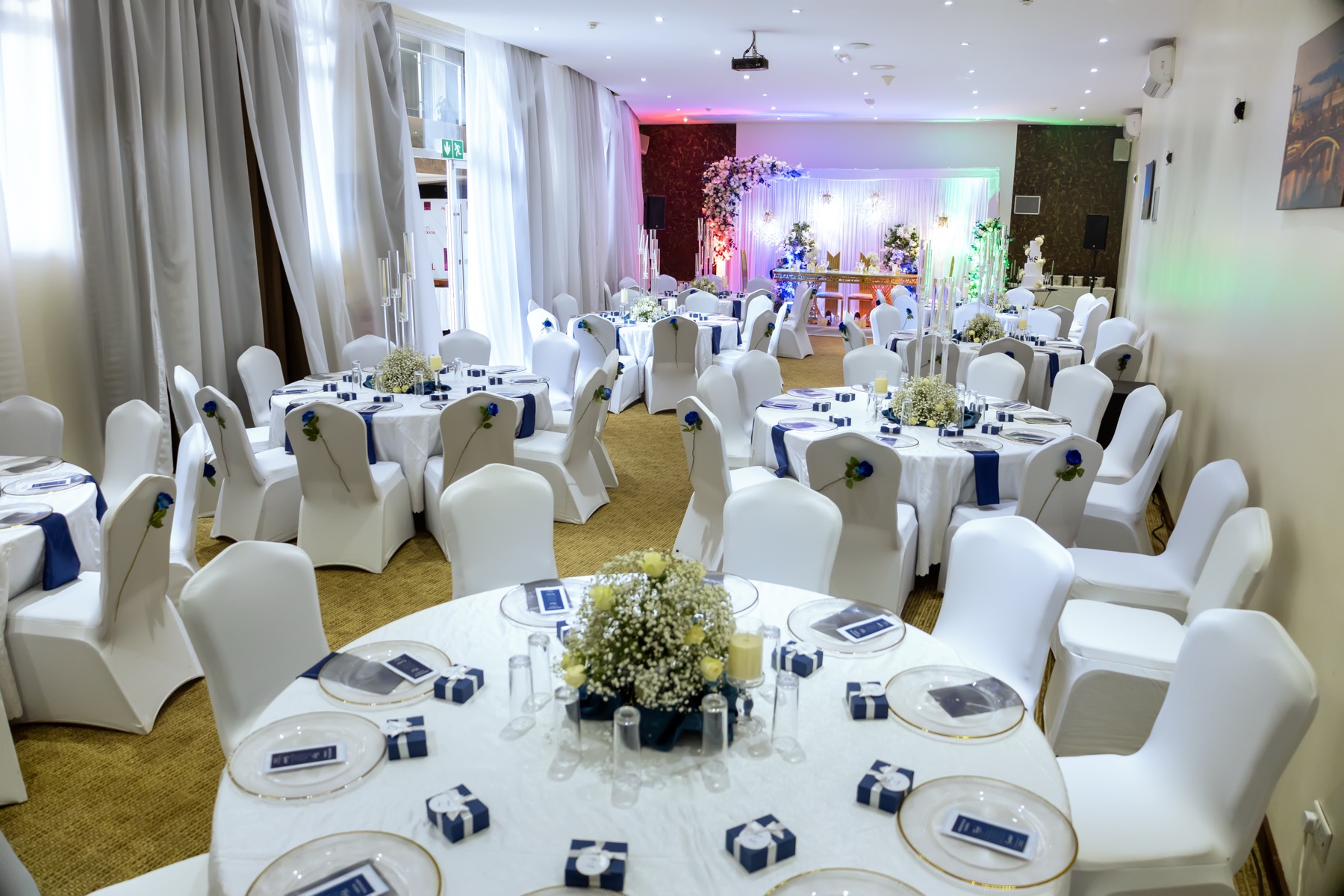 Kigali Hall set up for a wedding reception