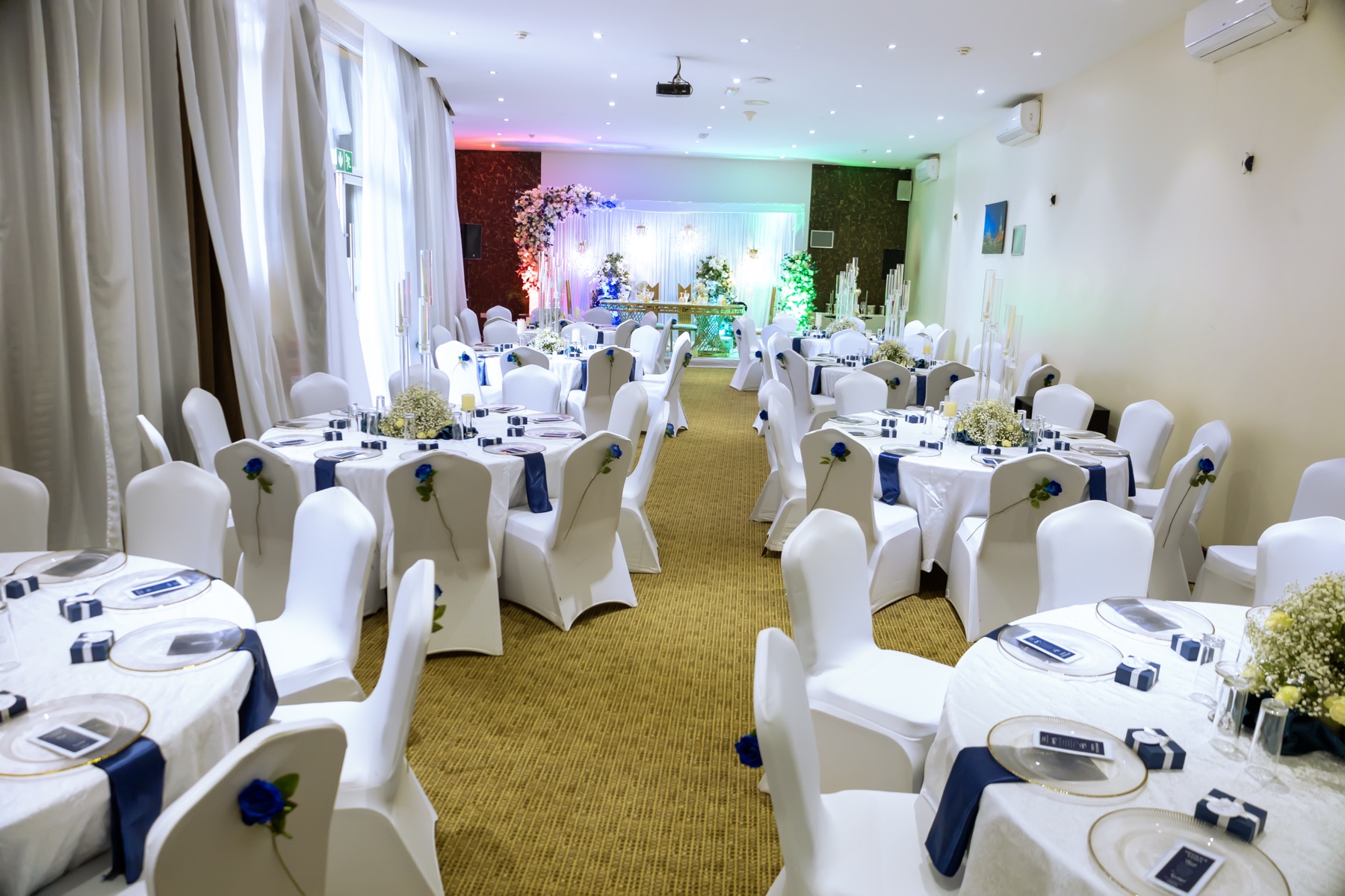 Kigali Hall aisle set up for a wedding ceremony
