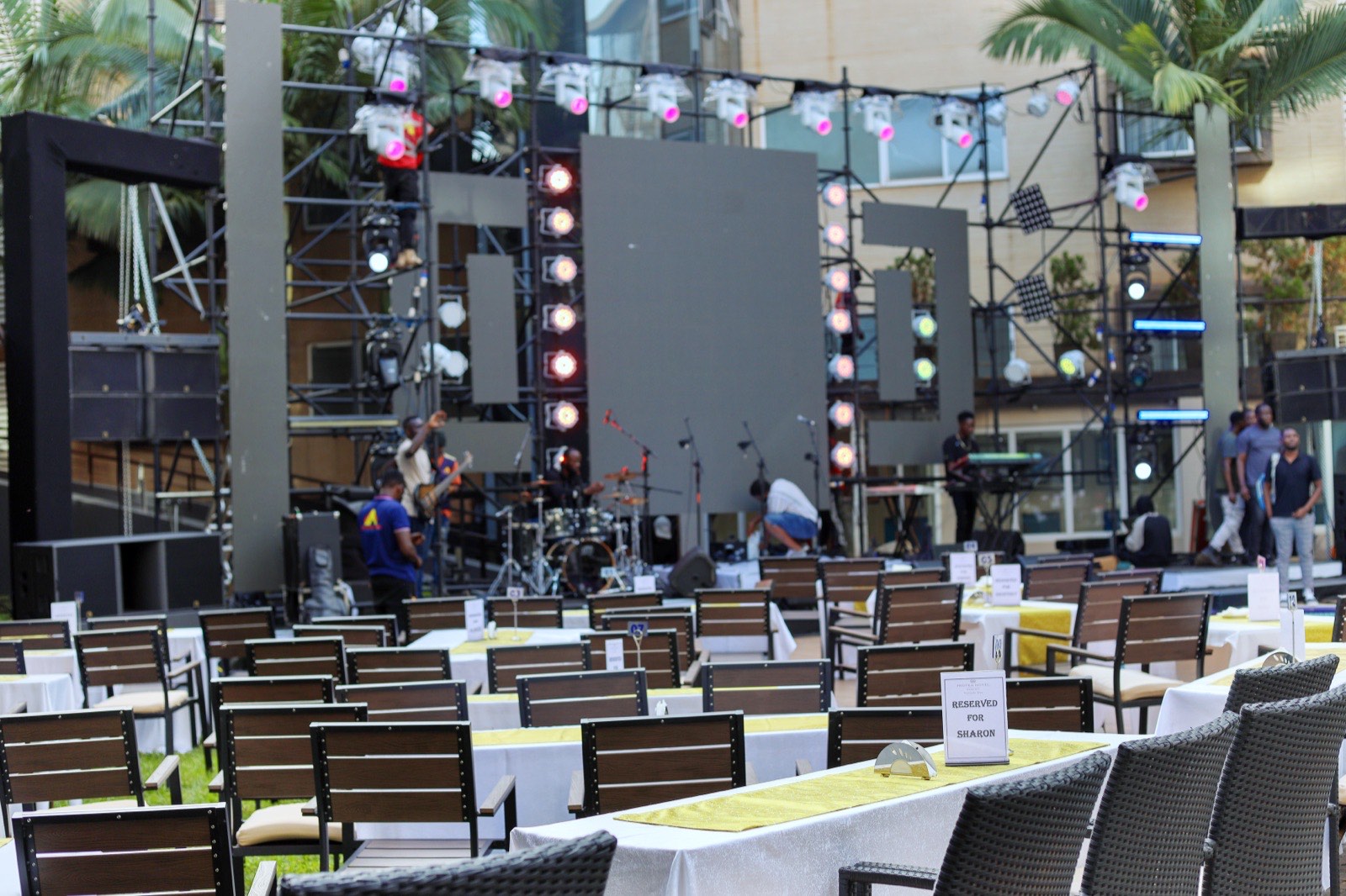 The Tropicanna Poolside stage being set up for Bebe Cool's Skyz Exclusive night